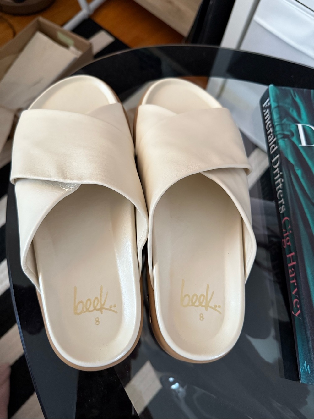beek Ivory Crisscross Slide Sandals